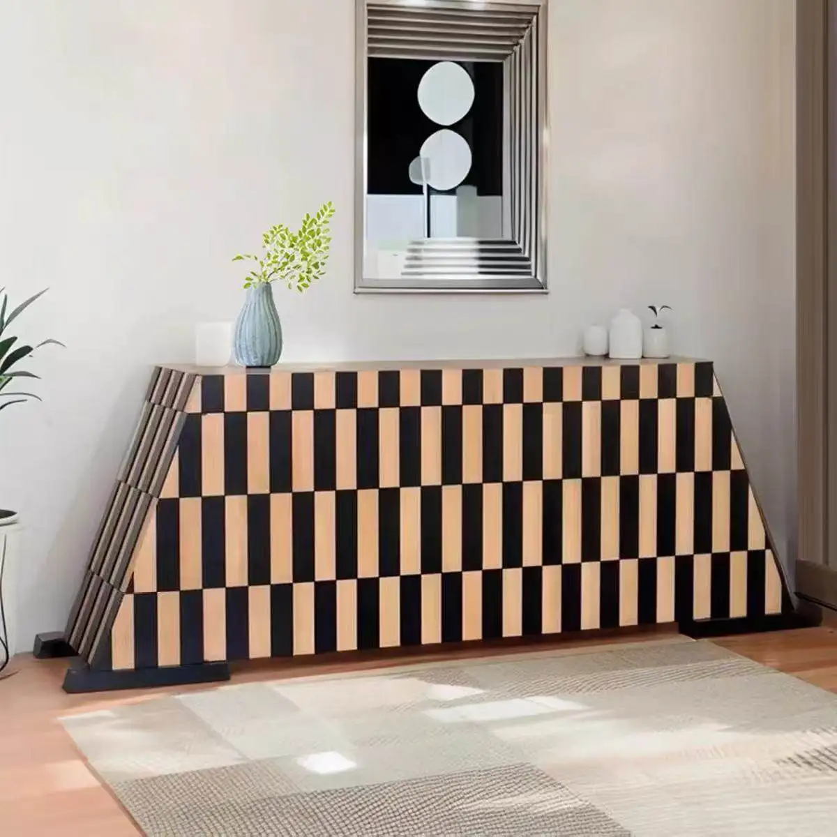 #Modern Nordic French Style Wood  Movable Storage Cabinet Color Block Design For Living Room Entryway