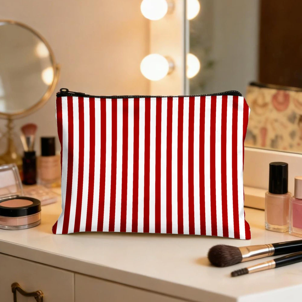 Red And White Stripes Pattern Makeup Bags for Girls Cosmetic Pouch Toiletry Bag Pencil Case Travel Storage