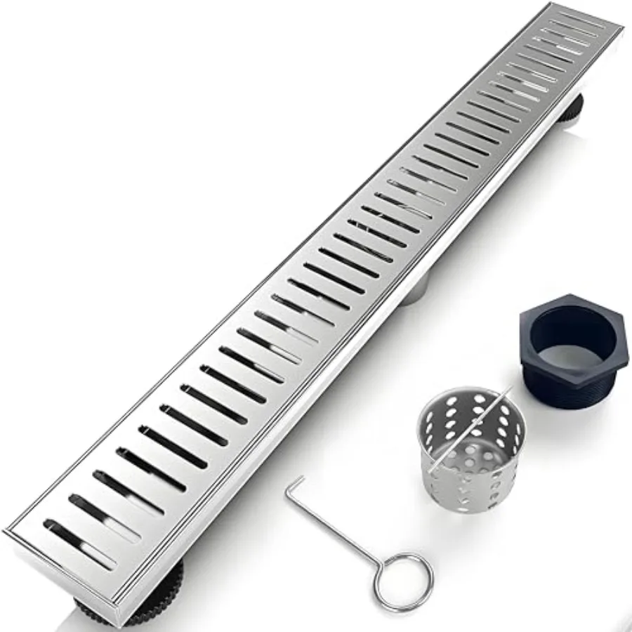 

32 Inch Linear Shower Drain for Bathroom Kitchen Silver 304 Stainless Steel Floor Drain with Capsule Pattern Cover Removable Ha