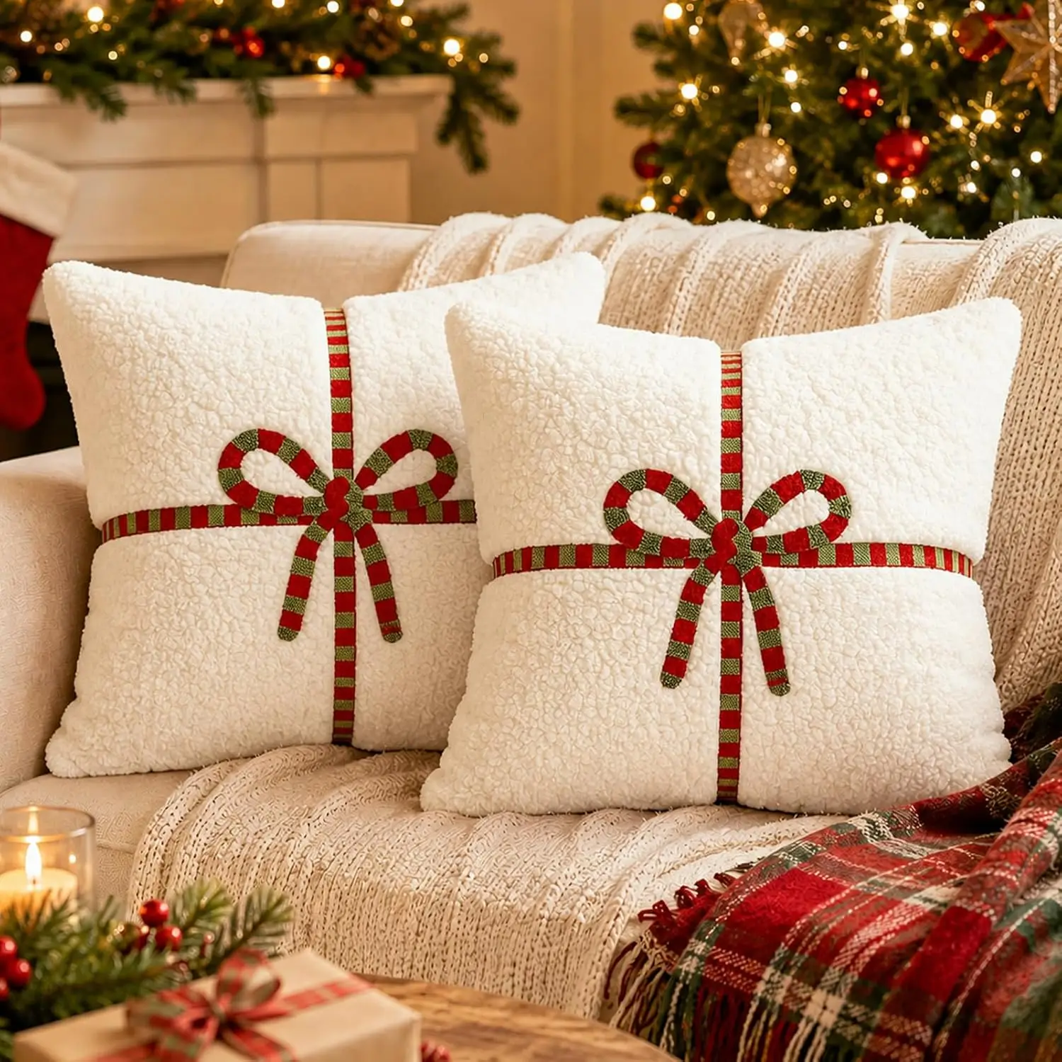 1/2pcs Christmas Red & White Teddy Bow 45x45cm Throw Pillow Cover - Holiday Decorative Square Cushion Case Gift