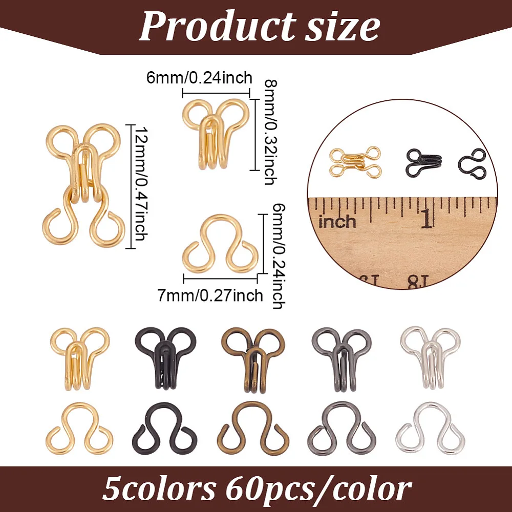 300 Pcs 5Colors Brass Garment Hook and Eye 10mm Mini Sewing Hooks and Eyes Closure Hook and Eye Latch Perfect for Clothes Sewing