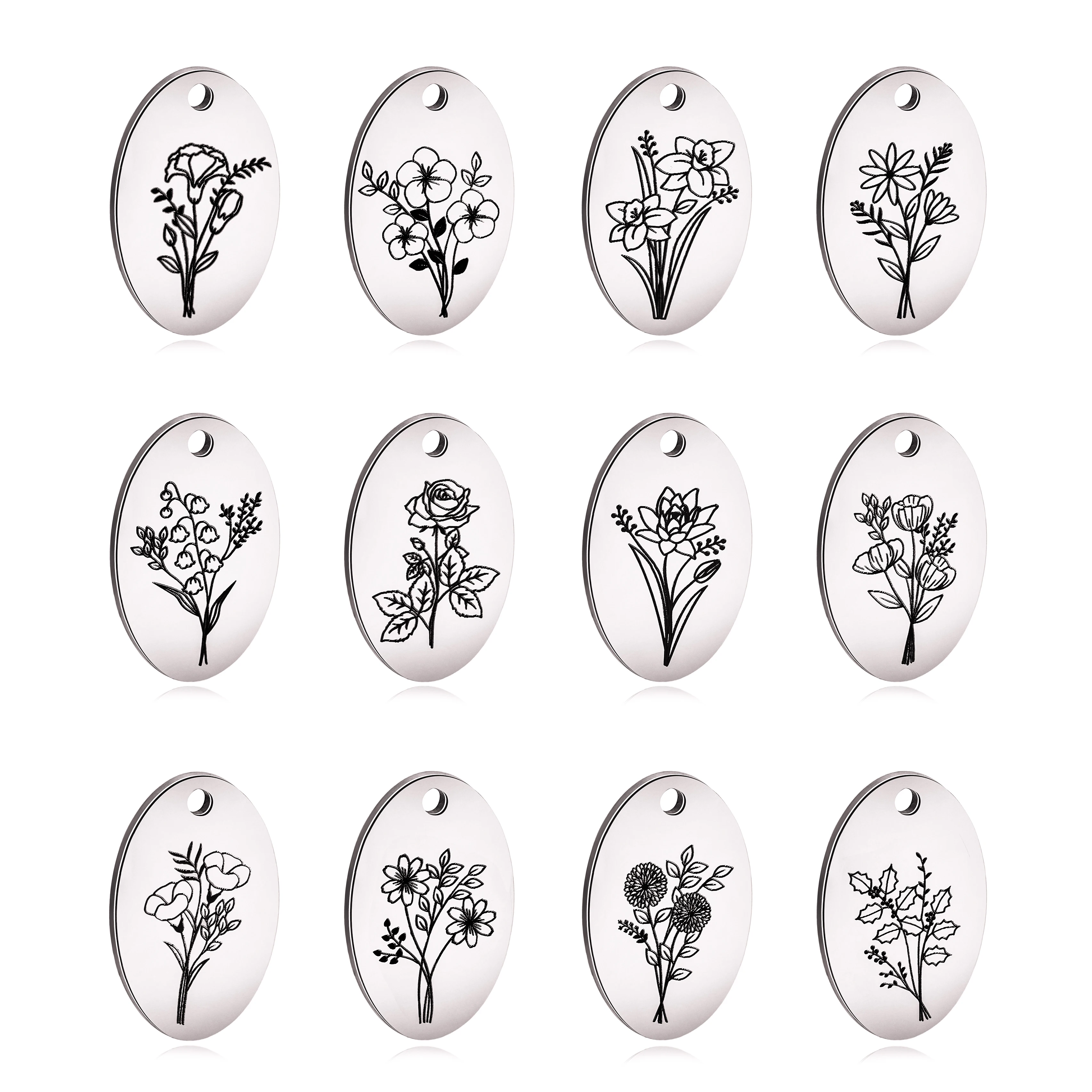 5Pcs Oval Birth Month Flower Pendants Stainless Steel Dainty Floral Disc Charms Lotus/Marigold/Rose Diy Necklace Jewelry Making