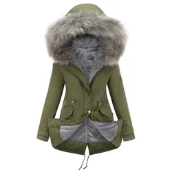 Winter Women Jacket Parka Solid Color Wool Liner Hooded Jacket Fur Collar Warm Thick Warm Clothes Plus Size S-5XL