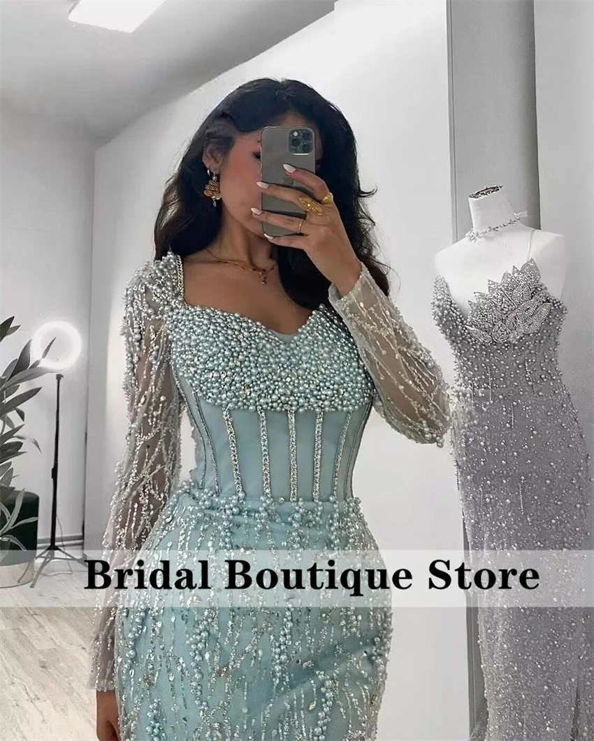 Shining Blue ดูไบชุดราตรี 2025 ประดับด้วยลูกปัดคริสตัลงานแต่งงานชุดสําหรับโอกาสพิเศษ Vestidos ที่กําหนดเอง