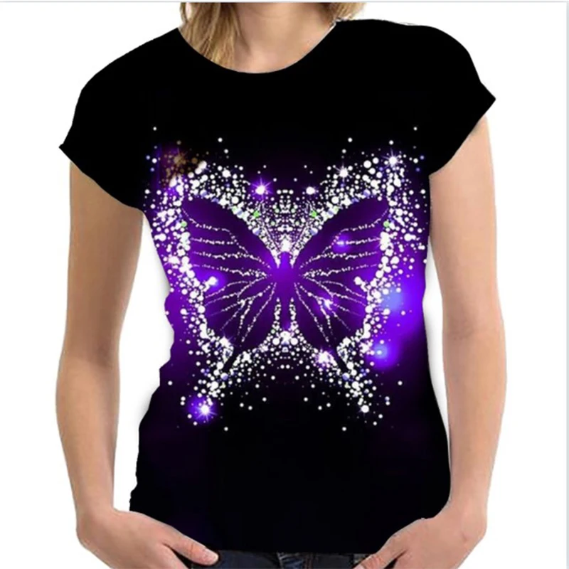 Camiseta informal de gran tamaño con cuello redondo para mujer, camisetas Y2K para niña, ropa de verano, ropa informal con estampado 3D de mariposa