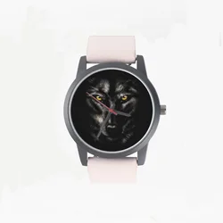 Reloj de pulsera de cuarzo con patrón personalizado para mujer, 3 manos, cabeza de Lobo negro, diseño de ojos, regalos para amigos y niños