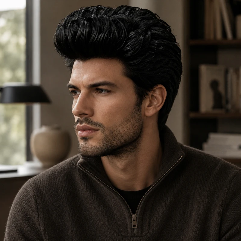 Black, fluffy 8-inch synthetic hair wig for men, suitable for everyday casual styling.