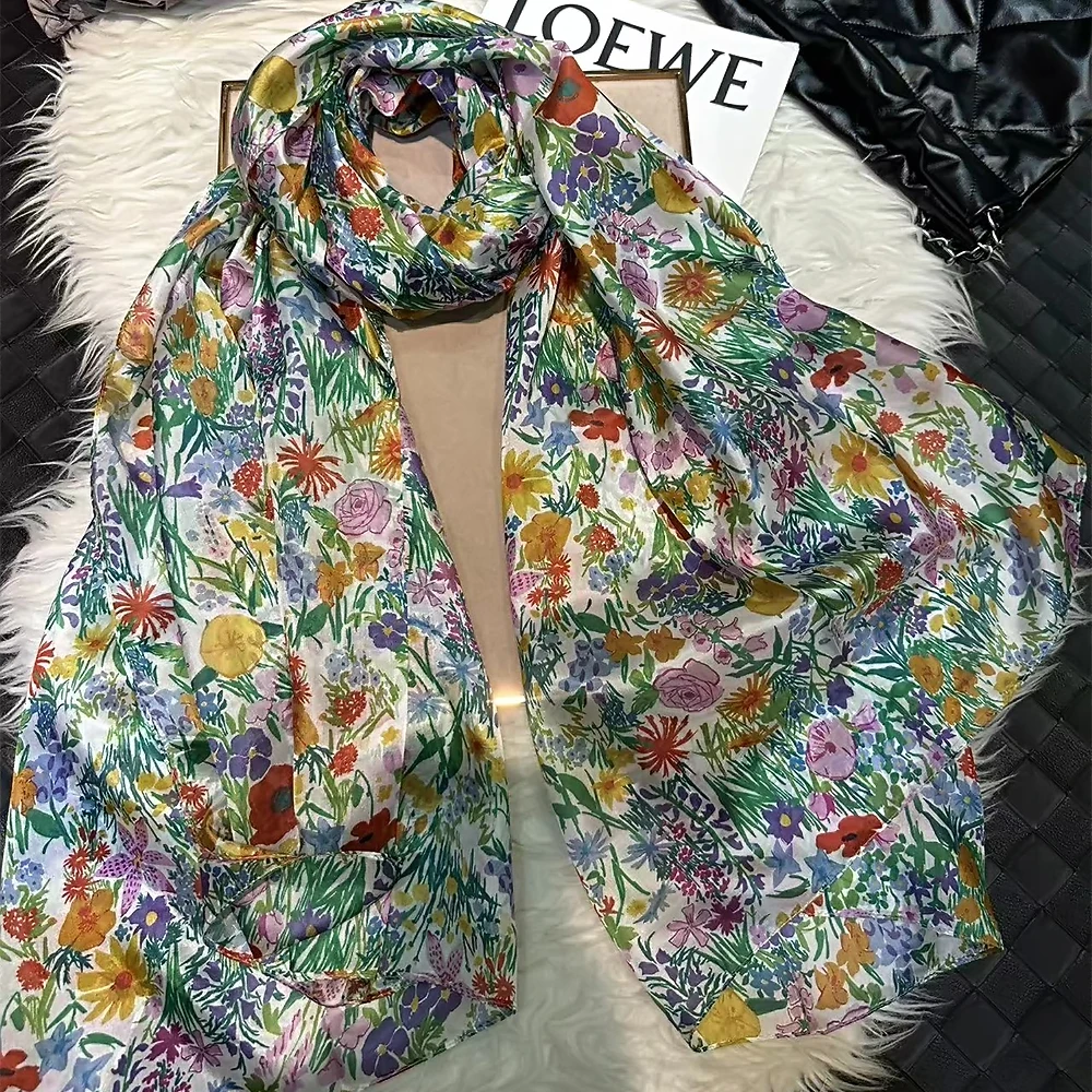 BYSIFA|Green 100% Mulberry Silk Shawl Scarf Fashion Brand Women Fall Winter Floral Style Long Scarves Bufand Summer Beach Shawls