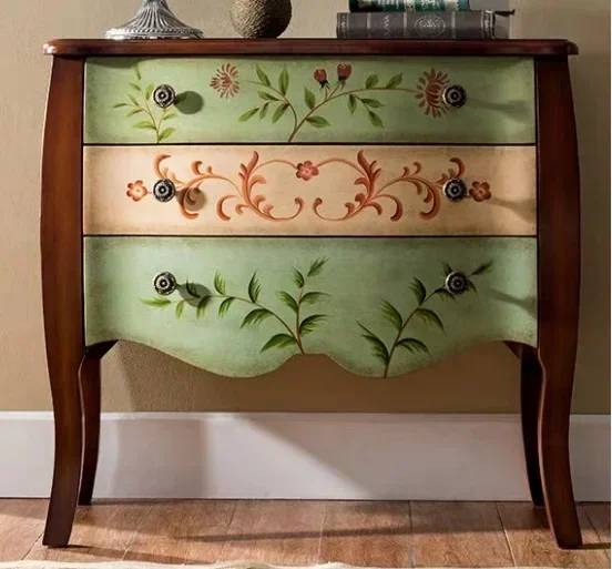 Three-Bucket Cabinet Retro Painted Green Wall Hallway European Style Big Belly Cabinet