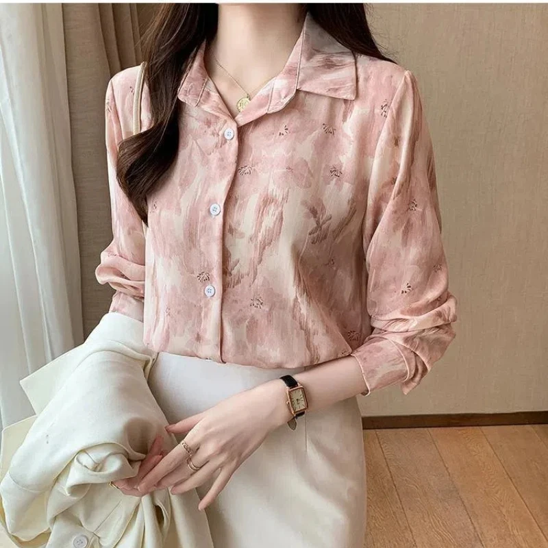 Spring Autumn Tie Dye Turn-down Collar Chiffon Button Lantern Long Sleeve Cardigan Shirt Casual Loose Fashion Elegant Tops