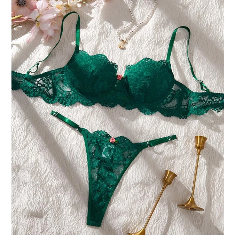 

Youth Sexy Lingerie Beautiful Lace Underwear Women Steel Rings Bra Sets Sexy Girl Green Fancy Underwear Three-Point Lingerie Set