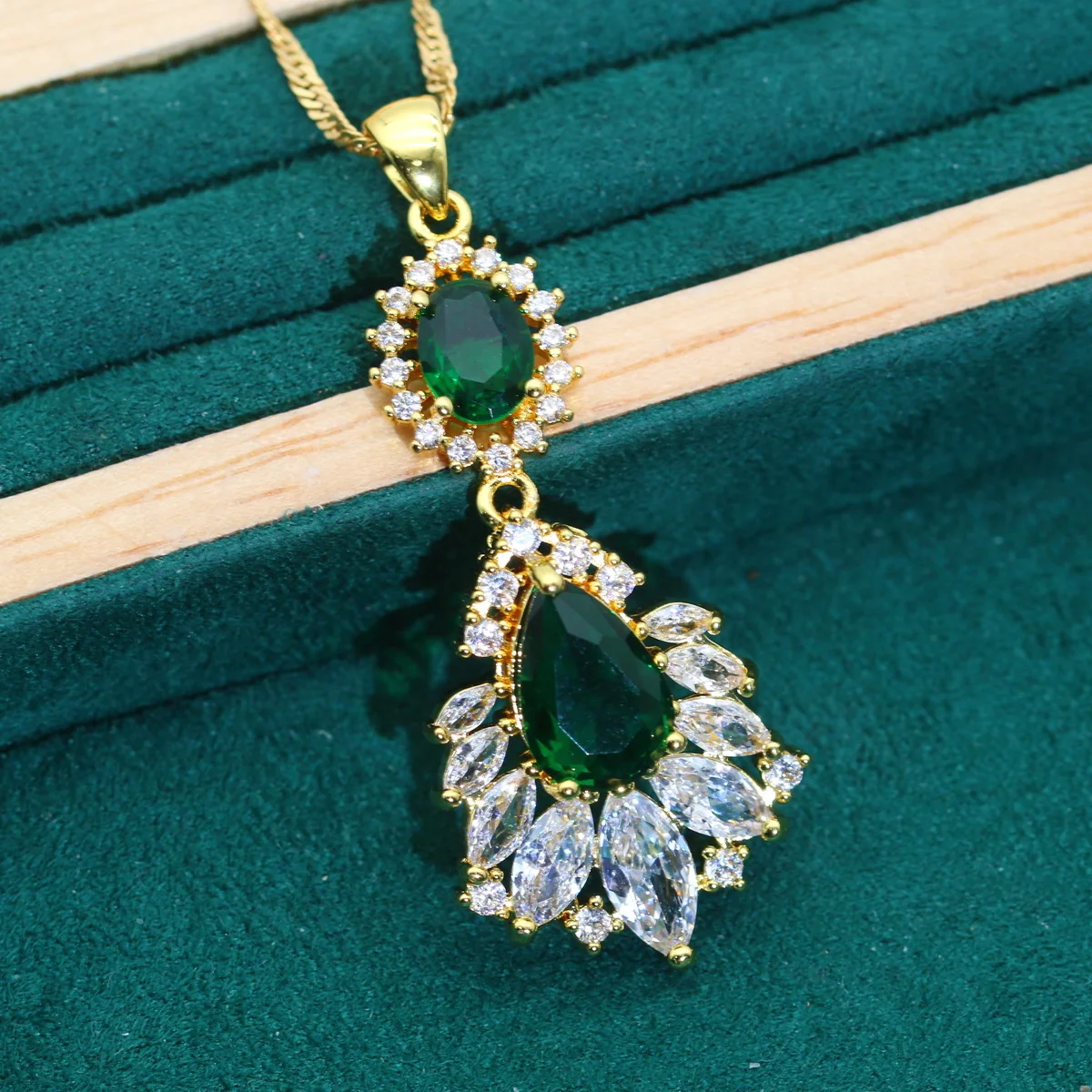 Luxurious Green Blue Zircon Gold Color Jewelry Sets for Women Wedding Bracelet Earrings Necklace Pendant Ring Dating Gifts