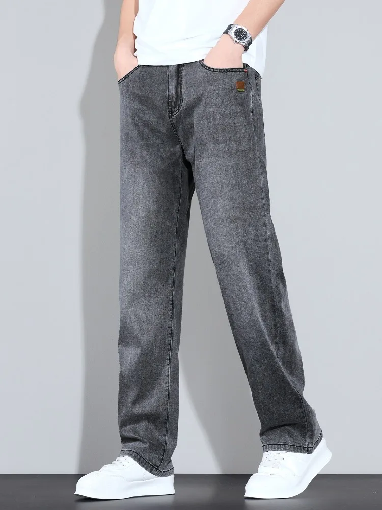 Lyocell Ice Silk Jeans Men's Fashion Korean Ultra-Thin Denim Pants Soft Drape Comfortable Business Straight Casual Trousers
