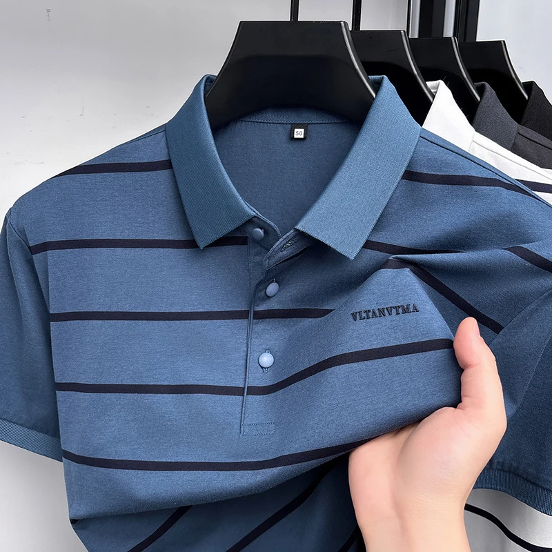Fashion striped short sleeve men's polo shirt high-quality brand letter embossed summer new breathable business casual T-shirt