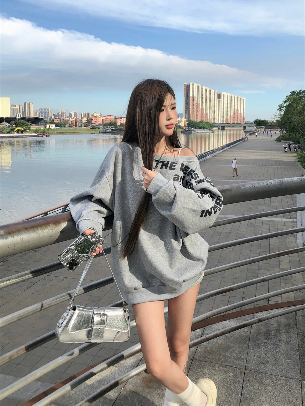 Grey Hooded Women Clothing Vintage Street Sweatshirt Hiphop Y2K Letter Printing Pullover Long Sleeves Warm Oversize Ladies Tops