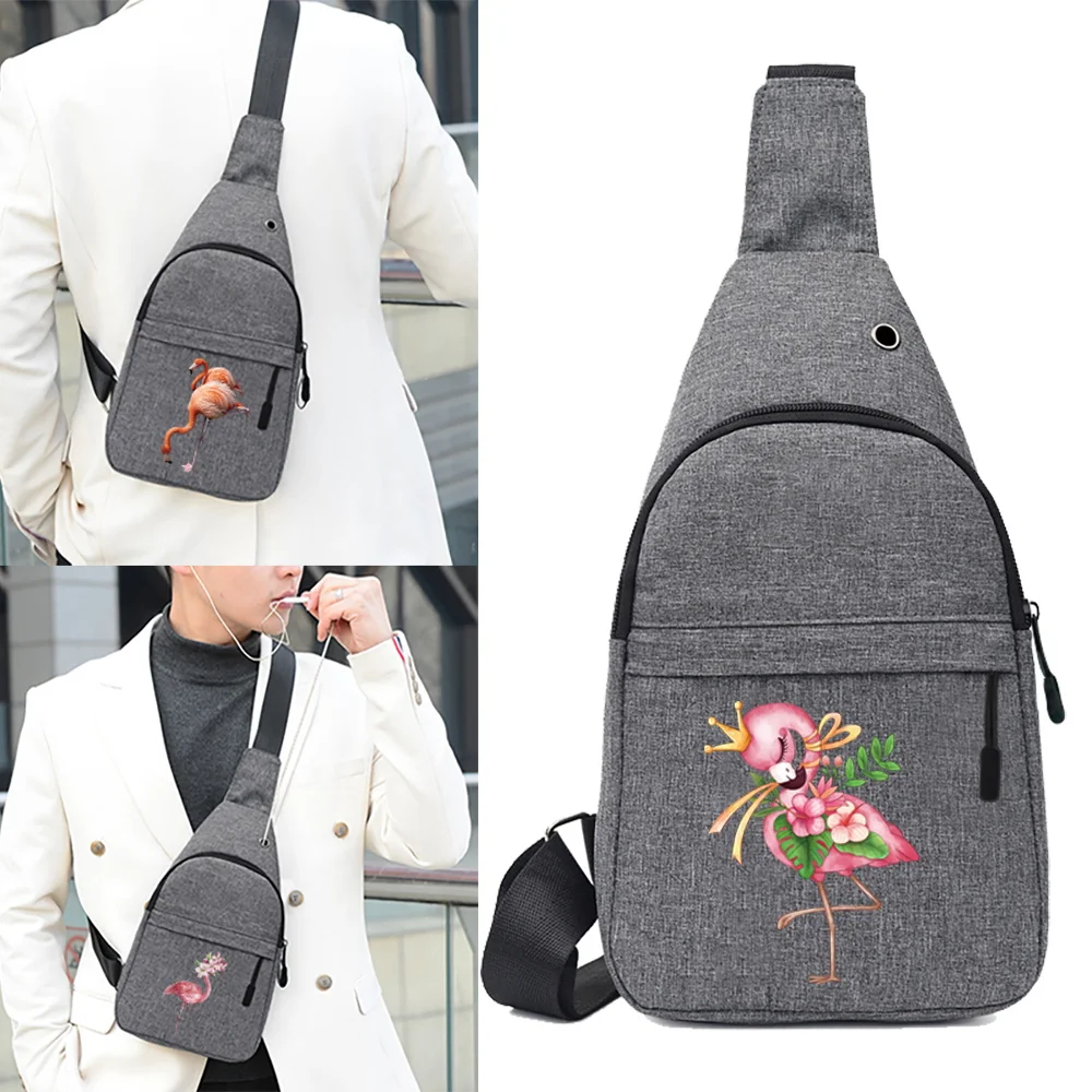 Crossbody Bags Men Chest Bag School Summer Short Trip Messengers Bag Handbag Print Flamingo Pattern Shoulder Bags USB Charging