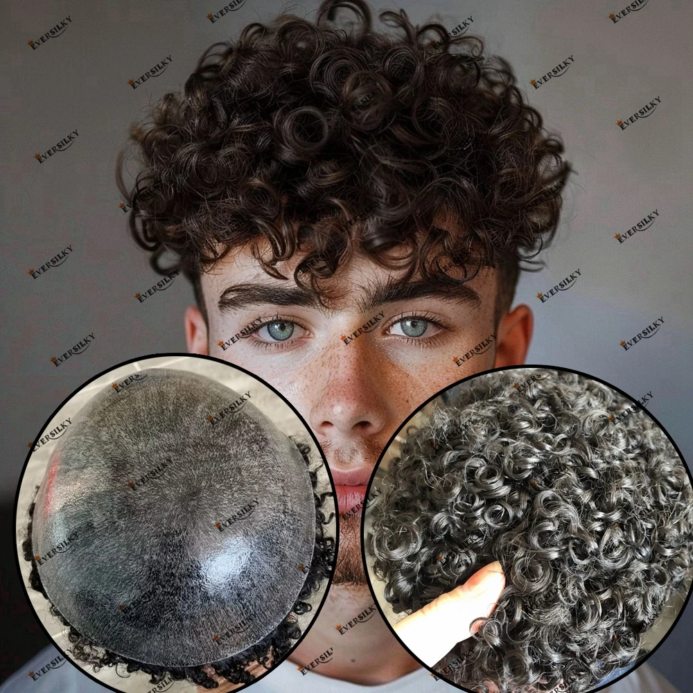 Durable Full Skin Base Men's 18MM Curly Human Hair Black Brown Gray Male Hair Toupee Human Hair Replacement Prosthesis Hairpiece