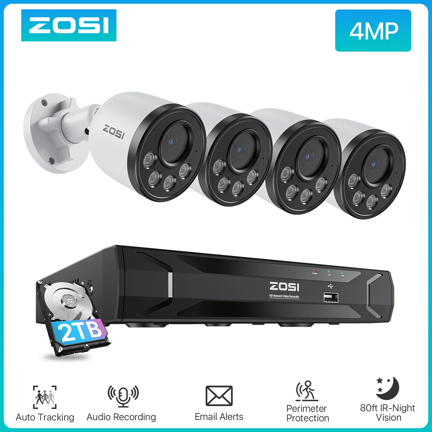 ZOSI 8CH 3K PoE Security Camera System 3K 5MP 8 Channel NVR 4MP HD Outdoor IP Cameras 25FPS Home CCTV Video Surveillance Kit