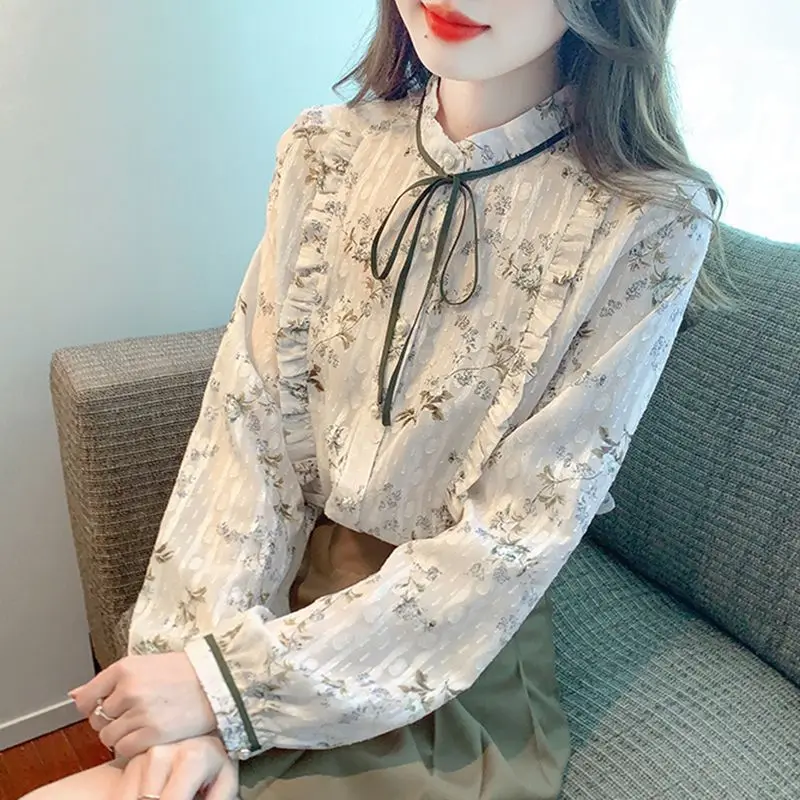 Spring Autumn New Stand Collar Long Sleeve Fashion Shirt Women High Street Casual Printing Button Cardigan Elegant Bow Chic Top