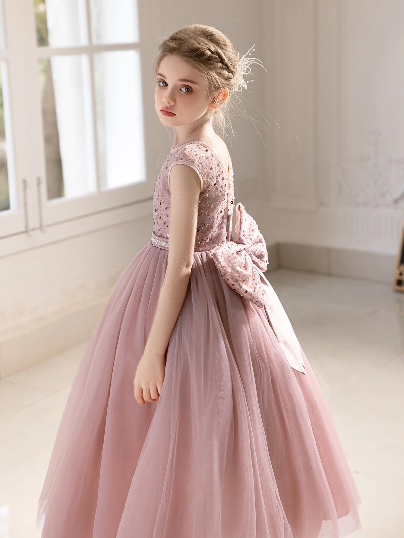 Pink Long Dress Girl Party Party Birthday Big Bow Evening Dress Fluffy Gauze Princess Dress