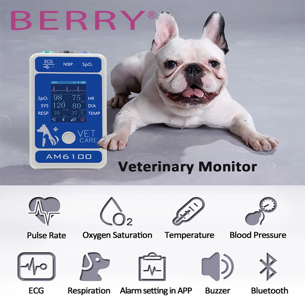 

Berry Am6100 Multi-parameter Veterinary Monitor Bluetooth Pet Dog Cat Blood Pressure Pulse Heart Rate Blood Oxygen Ecg