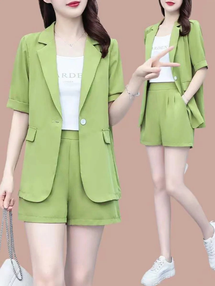 

plus Size Women's Fashion Street Style Green Suit Set Summer Clothes Meat Concealing Short Pants Two Piece Set Korean Loose Fit