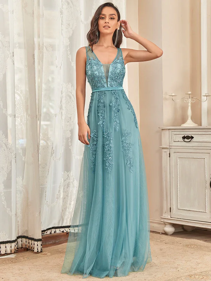 

Women'S Fashion Sleeveless V-Neck Maxi Long Elegant Tulle Applique Evening Dress