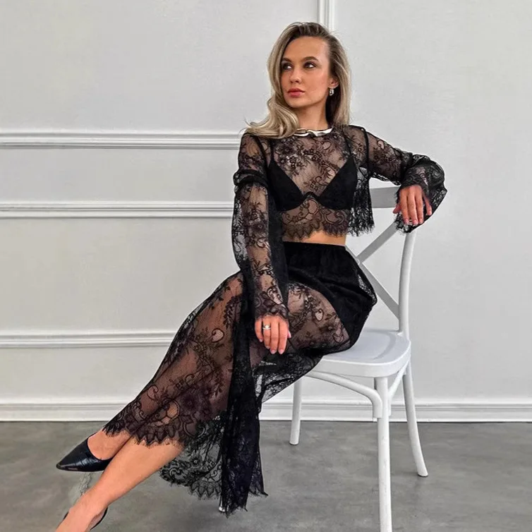 

Сексуальный полый черный кружевной костюм, женский весенний нишевый топ, длинная юбка, женская одежда из двух предметов
