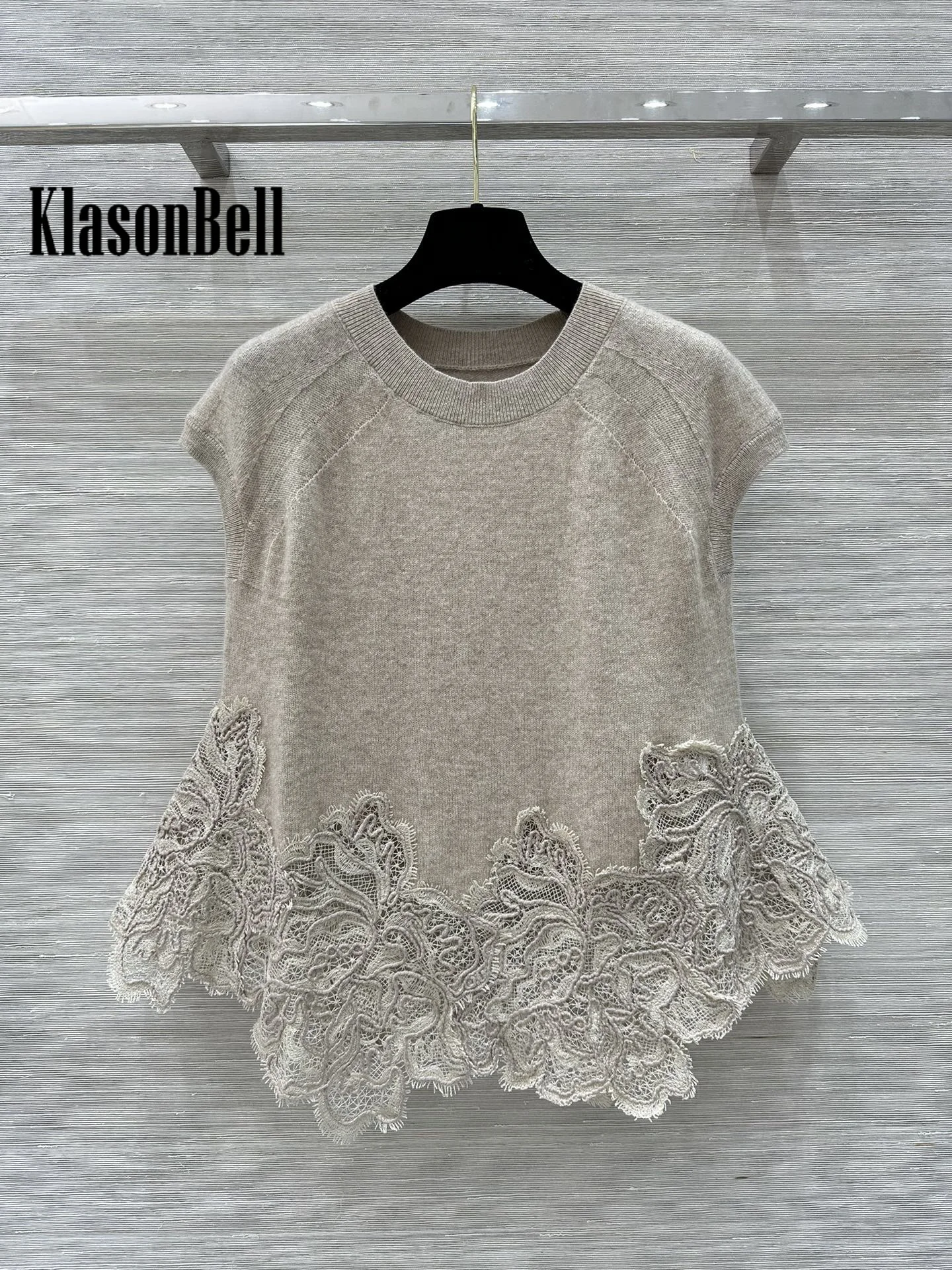 9.29 KlasonBell Women Clothes Contrast Color Hem Lace Spliced Cashmere Knitwear Temperament Sweet Short Sleeve T-Shirt