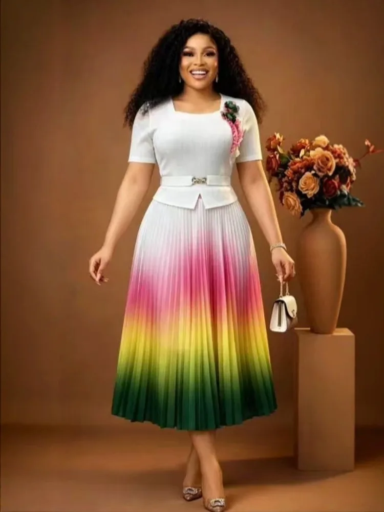 Miyake Gradual Change Rainbow Loose Women's Dress Fashion Slim Round Neck Pleated Casual Medium and Long Dress