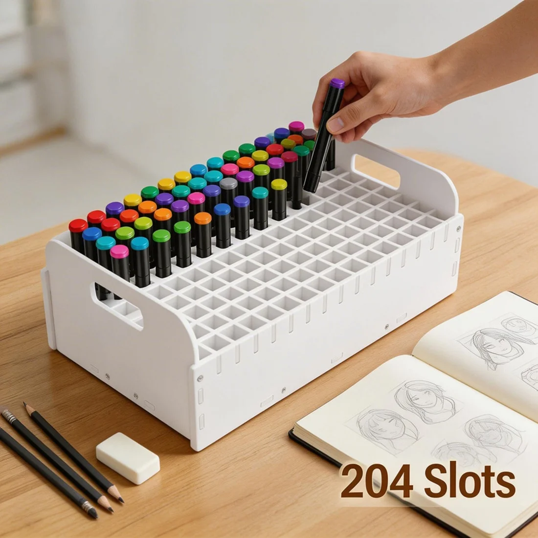 (A95Z] Plastic 204 Holes Marker Pen Organizer Holder for Storing Colored Pens Large Capacity Marker Pen Storage Rack for Home
