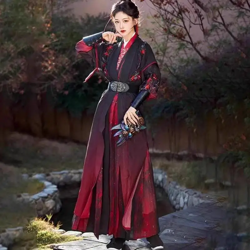 النساء الرجال أسود أحمر Hanfu سلالة سونغ التقليدية Beizi تنورة التاريخ القديم المبارز تأثيري حلي هالوين Wuxia الدعاوى #4