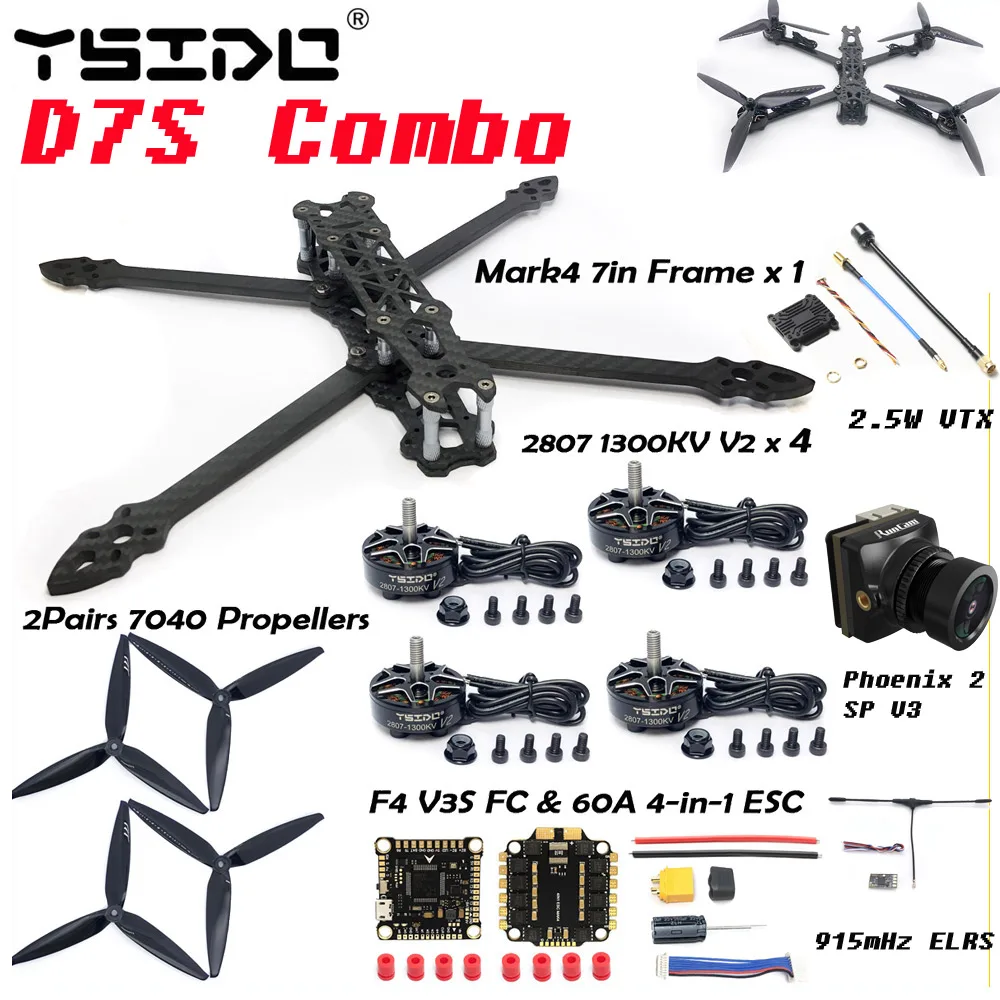 MARK4 7inch 295mm Wheelbase Carbon Fiber Frame 2807 1300KV Brushless Motor propeller 2.5W VTX Camera For FPV 7