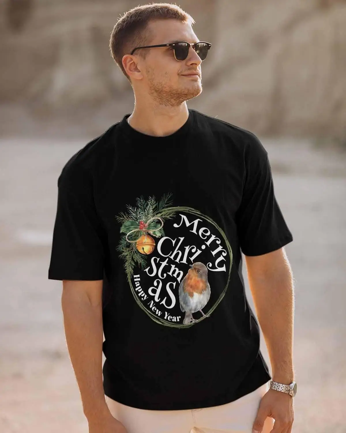 Men's T-Shirt, Novelty Graphic T-Shirt Merry Christmas Robin Bell Pine Branch Cotton Crew Neck Men's Short