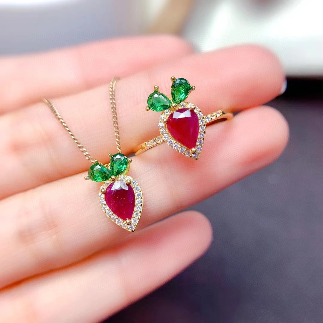 

Natural Ruby Radish Plant Jewelry Set 925 Silver Ring Pendant Necklace 2 Piece Beautiful Wedding Jewelry Set