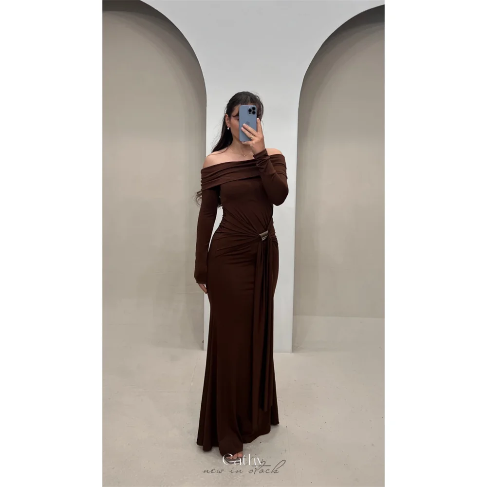 

Cathy Customized Elegant Off The Shoulder Mermaid Prom Dresses Pleated Long Sleeve vestidos de noiva Floor-Length Formal Evening
