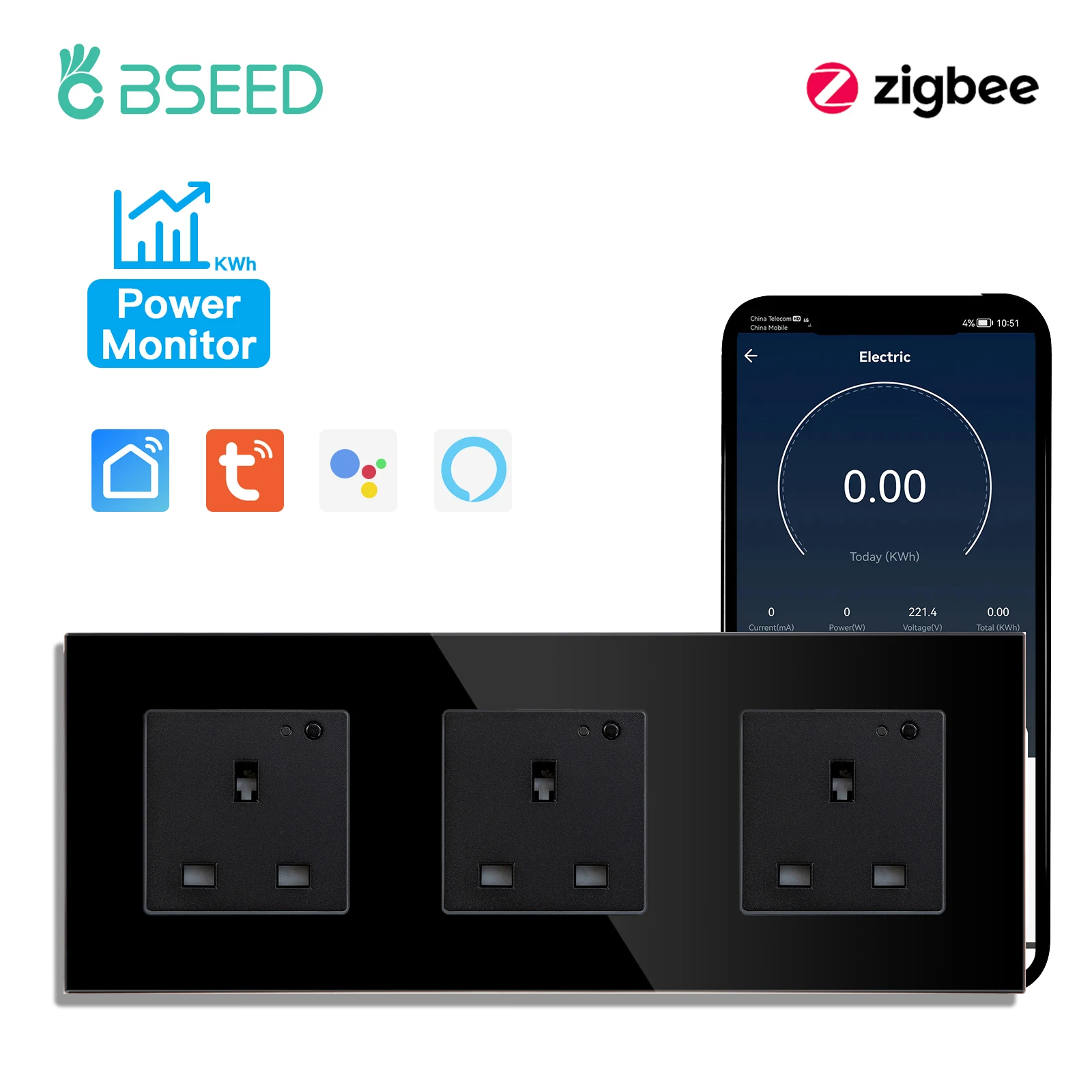 BSEED UK Standaard Zigbee Power Monitor Socket Slimme dubbele elektrische stopcontacten Tuya Smart Iife Google Home Control 13A