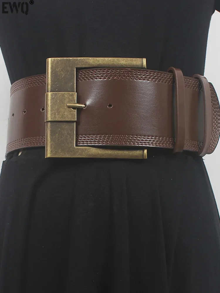 

[EWQ] Black Brown Metal Buckle Design Simple All-match Fashion Tide Women Long Wide Leather Belt 2024 Spring Autumn New 16O2668