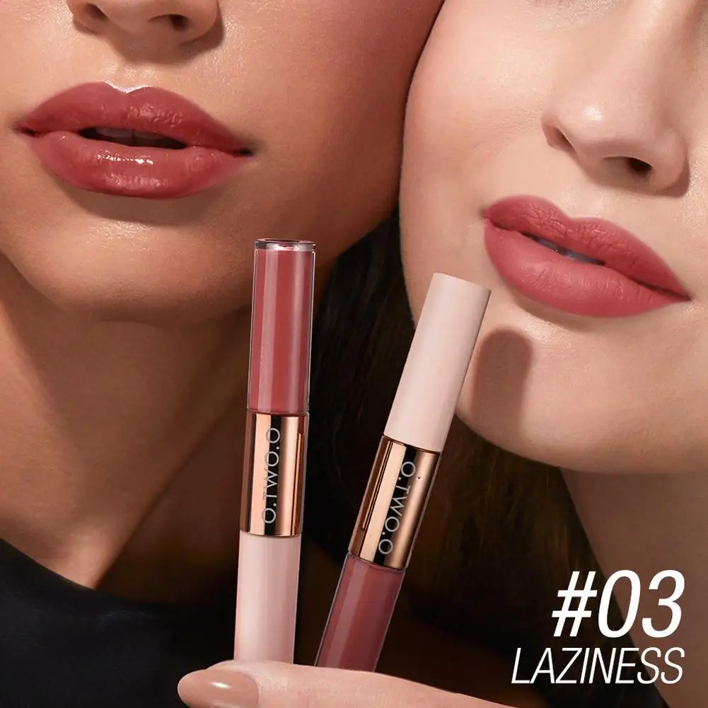 O.TWO.O 2 In 1 Double Head Lipstick Makeup Matte Velvet Lipstick 24HR Non-stick Cup Lip Gloss Tint Plumper Lasting Waterproof