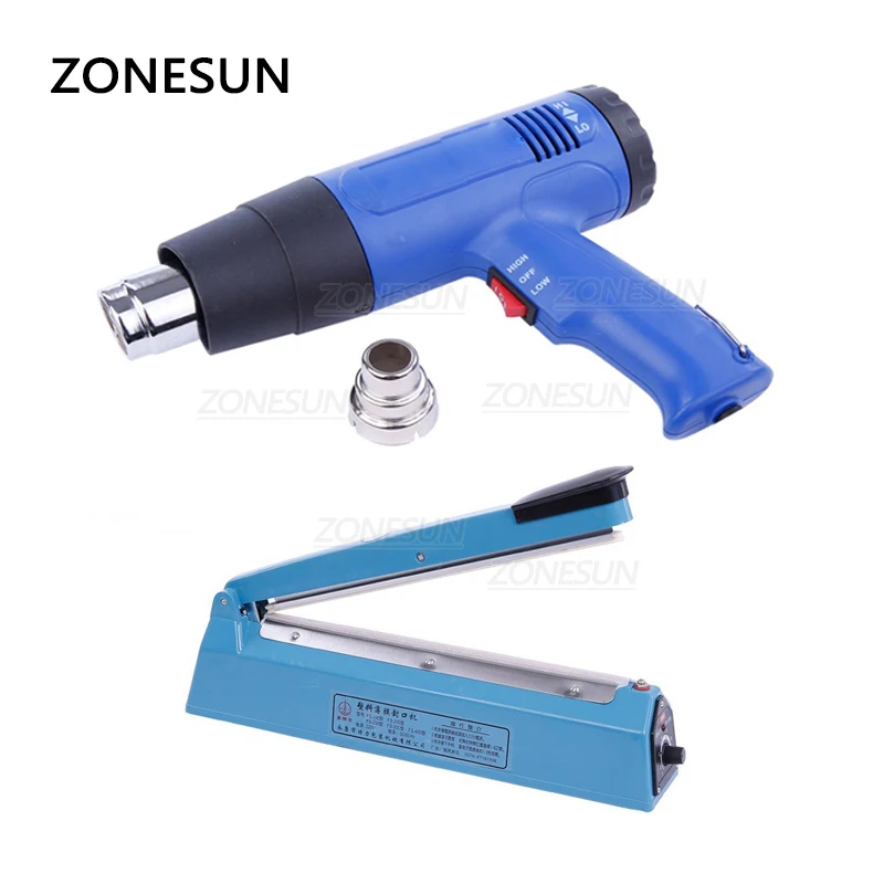 ZONESUN คู่มือพลาสติกฟิล์มหดเครื่องซีลกล่องหนังสือโทรศัพท์โป๊กเกอร์ซีลความร้อนลมปืน
