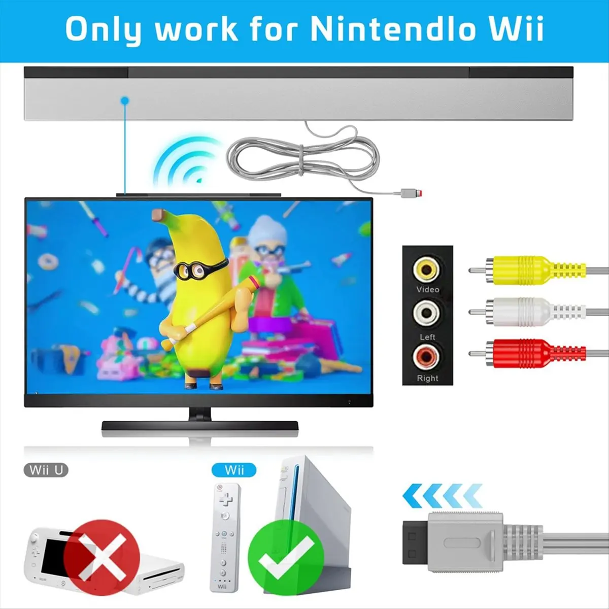 Wired Motion Sensor Bar + AC Power Supply Adapter Cord + Composite Audio Video Cable for US Plug