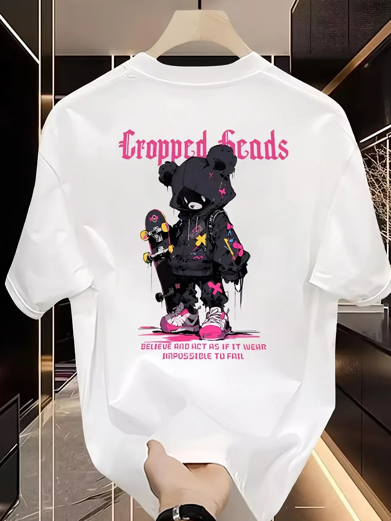 Men's 100% Cotton Summer T-Shirt Pink Black Bear Skateboard Print Casual Street Style Couple T-Shirt