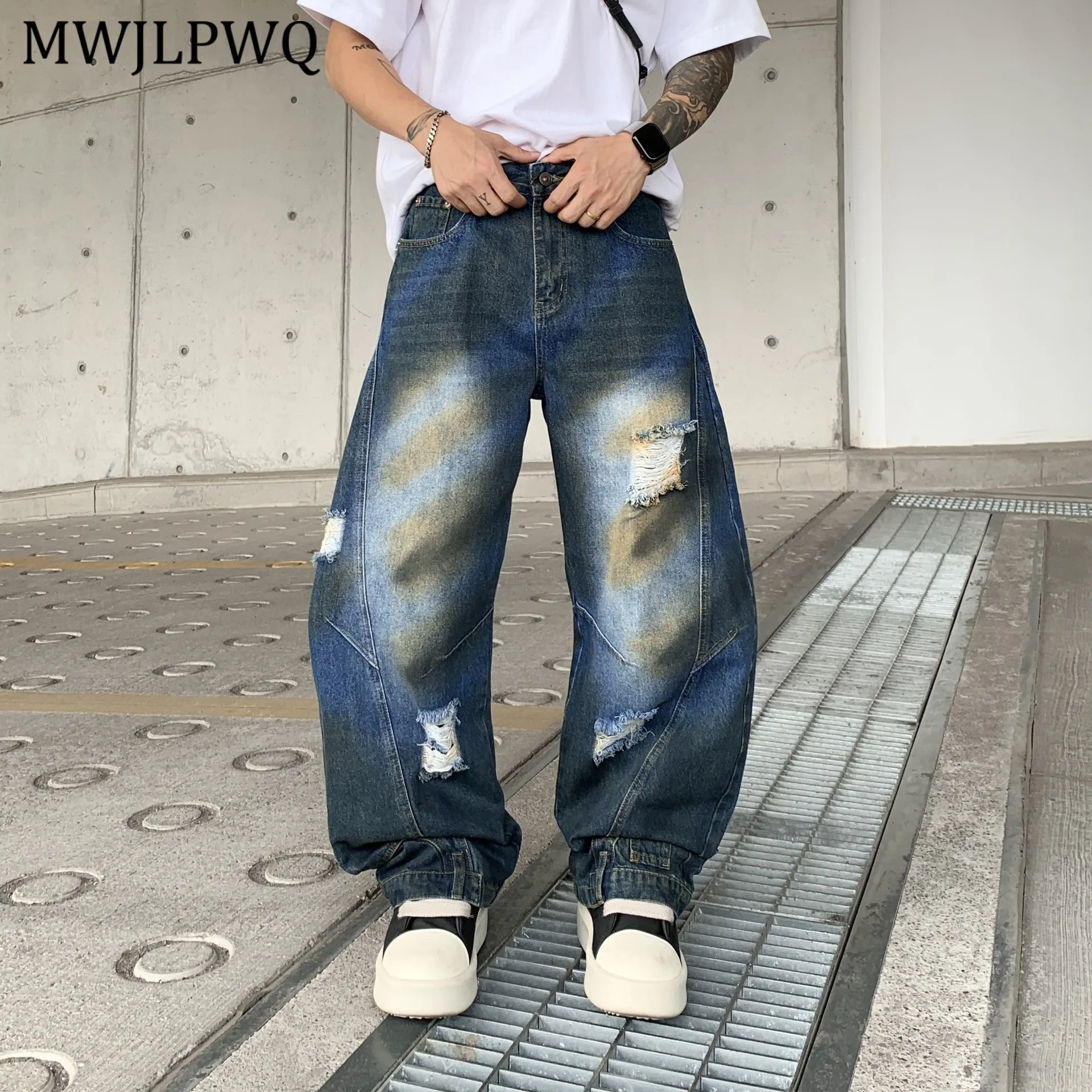 

MWJLPWQ Широкие джинсы-мачете, мужские рваные брюки с градиентом, американский стиль, модные винтажные прямые брюки High Street, 11386
