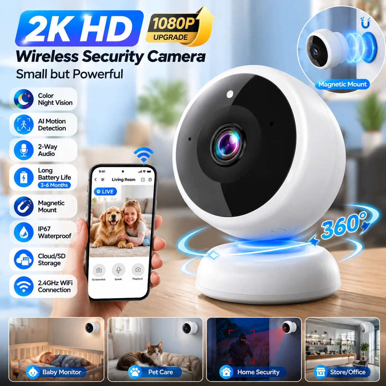 Home Security Monitoring Service - 5MP 2K 磁気バッテリーセキュリティカメラ ワイヤレスWiFiカメラ AIモーション検知 室内/屋外対応