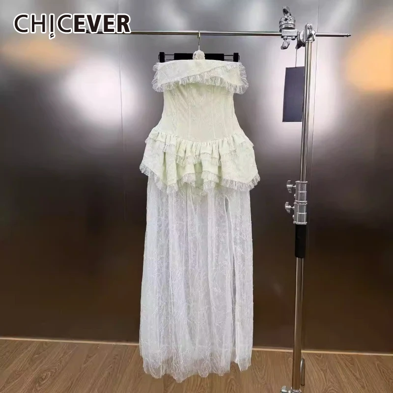 

CHICEVER Green Spliced Lace Chic Dress Female Strapless Sleeveless Slimming French Sweet Women's Dresses Summer Fashion Style