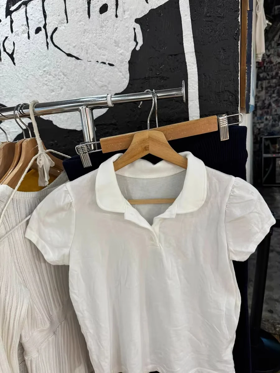 Polo White Cotton T-shirt Women Summer New Strweetwear  Turn Down Collar Short Sleeve Tees Sweet Preppy Style Cute T Shirt Y2K