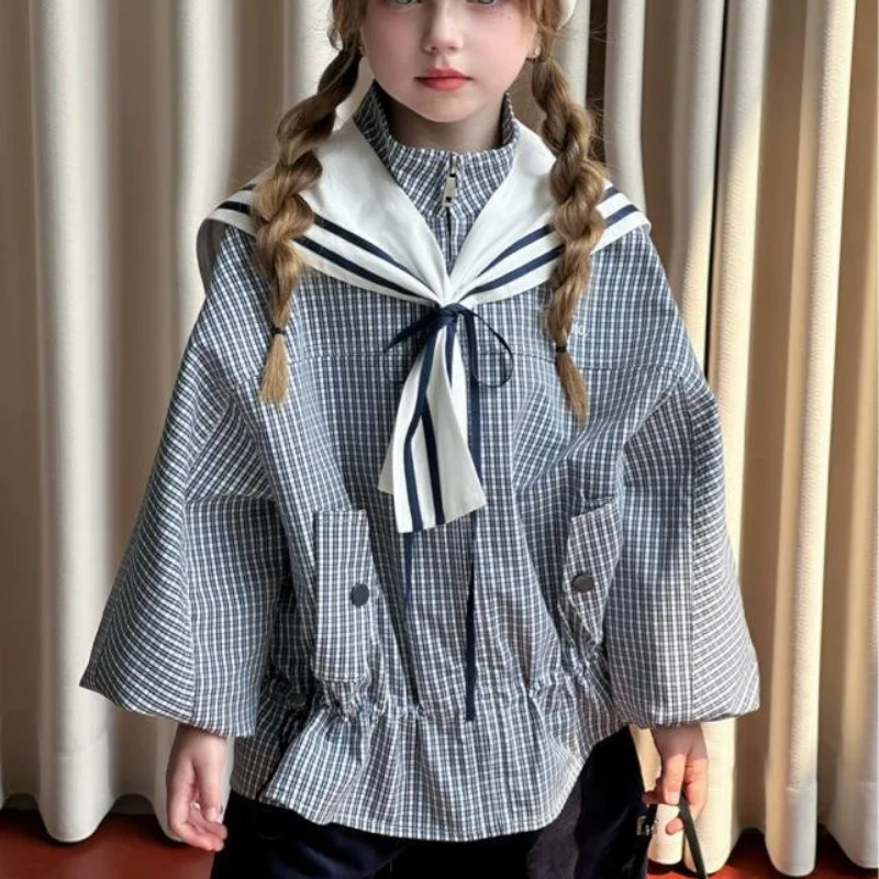 

Girls Sailor Collar Plaid Shirt Spring Autumn Kids Navy Style Checkered Blouse Long Sleeve Preppy Tops Children Clothing