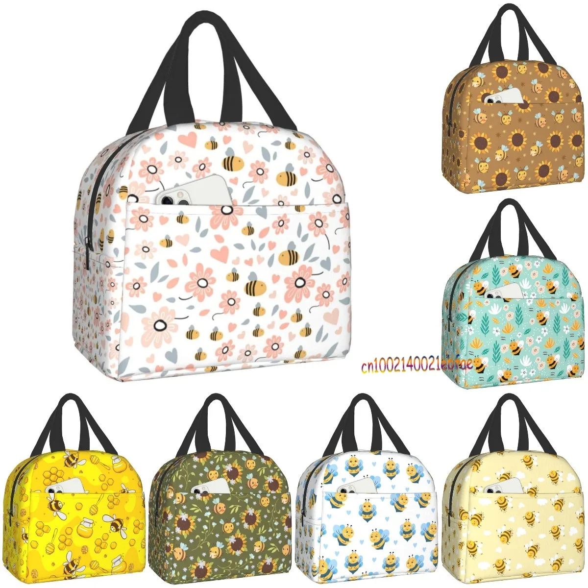 Fiambrera de abeja y flores, bolsa de almuerzo impermeable reutilizable con bolsillo frontal para oficina, Picnic, senderismo y playa