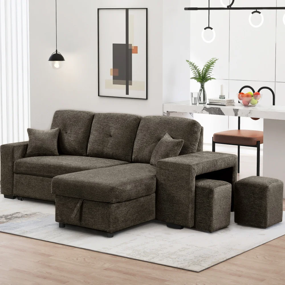 

Reversible Sleeper Sectional Sofa Bed: Side Shelf,2 Stools,Pull-Out,Storage Chaise,Knox Charcoal
