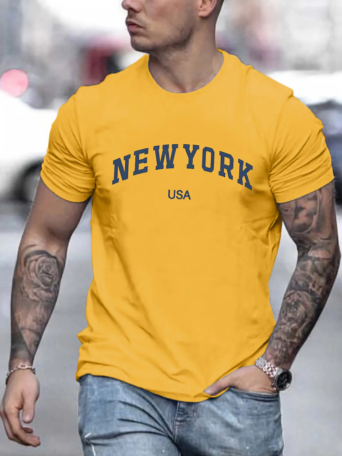 Men\'s 100 cotton summer fashionable casual loose plus size new York Usa printed slim fit sports round neck short sleeved T-shirt